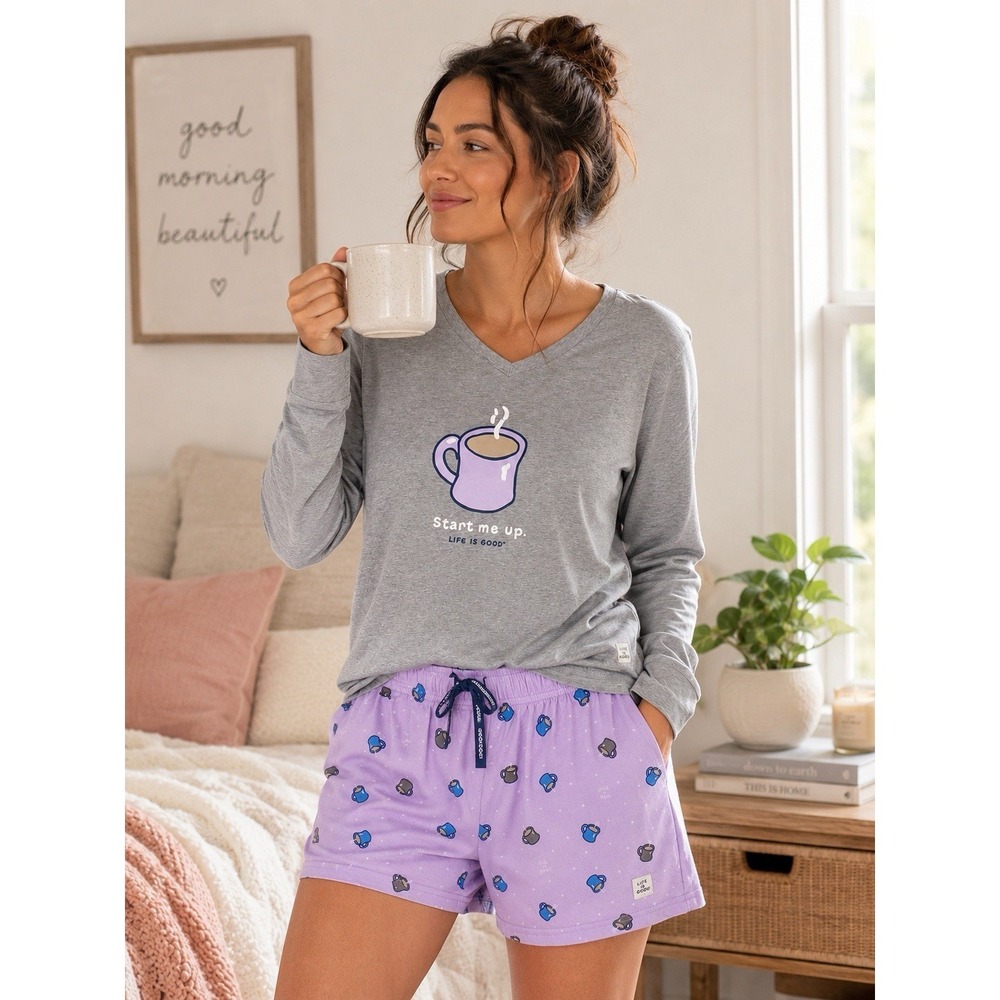 Life Is Good Sleep Pajama Set L Start Me Up Coffee Mug Long Sleeve Shorts Gray